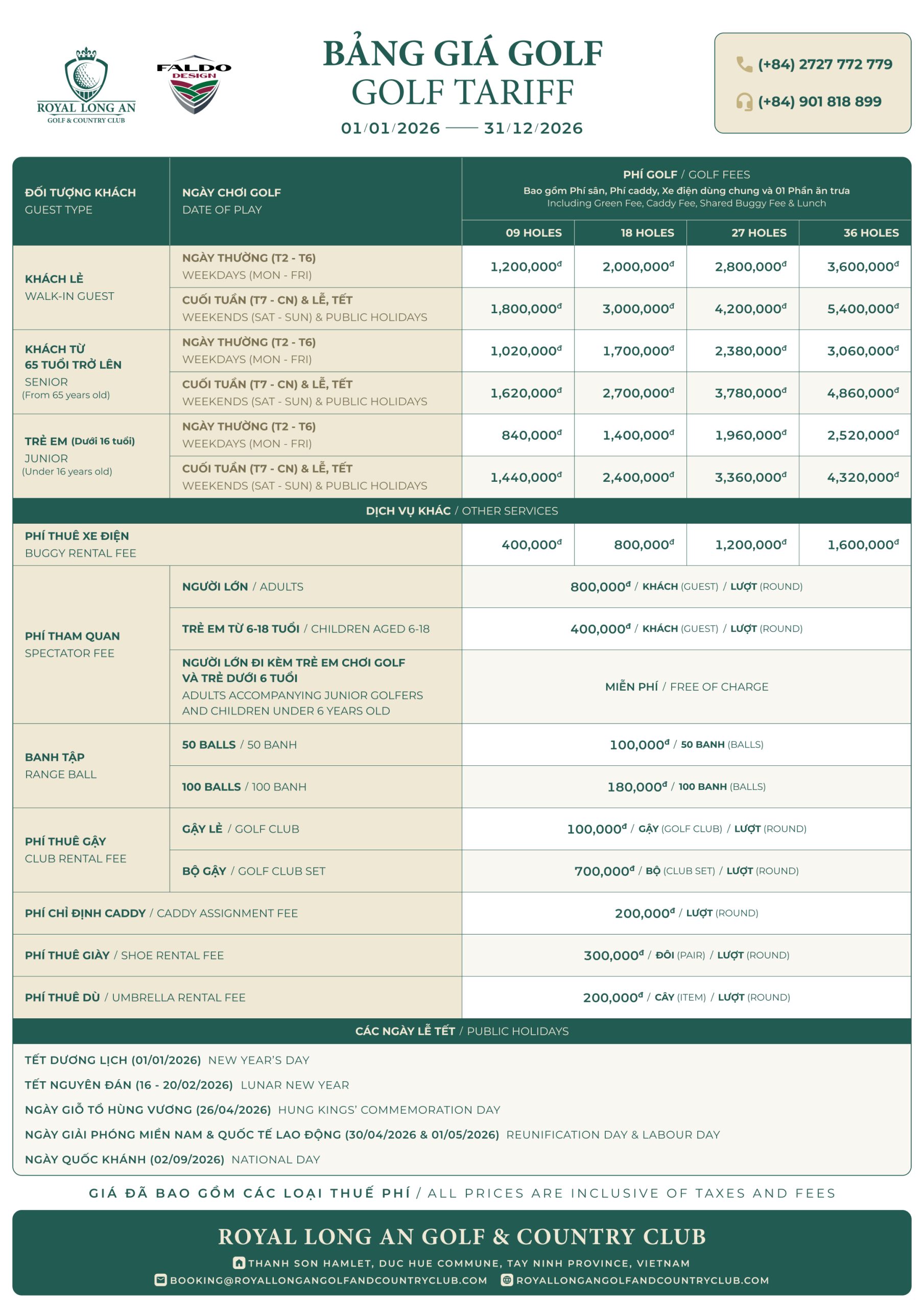 Bảng giá sân Royal Long An Golf & Country Club 2026